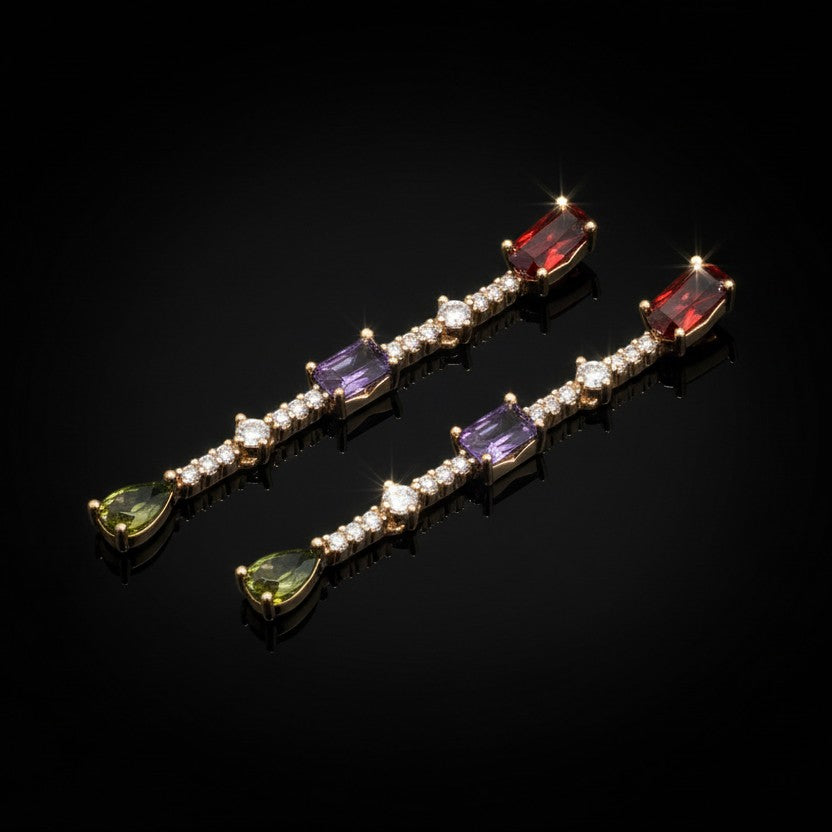 SVORA multicolor gemstone drop earrings with ruby, amethyst, and peridot stones, accented with pavé crystals. 18k gold plated.