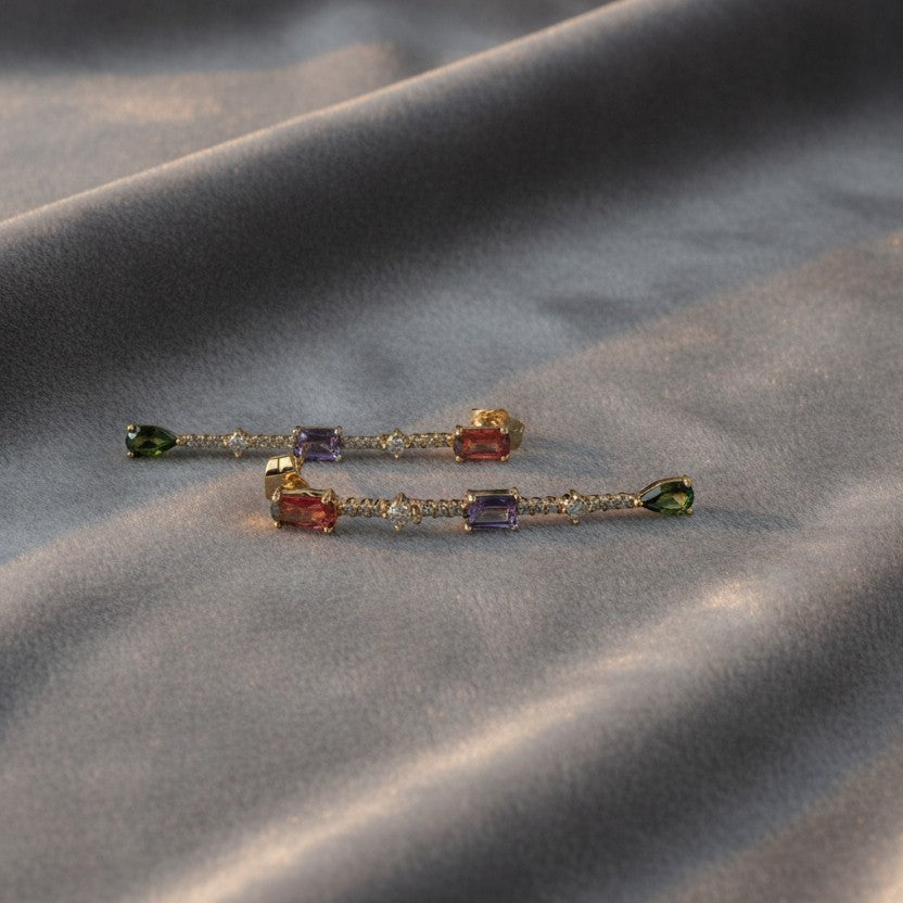 SVORA multicolor gemstone drop earrings with ruby, amethyst, and emerald stones and pave crystal accents, 18k gold plated stainless steel.