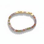 SVORA multicolor tennis bracelet with colorful crystals and gold-tone clasp, made of stainless steel.