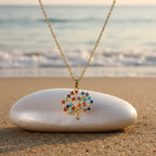SVORA gold plated stainless steel necklace with a multicolor Tree of Life pendant featuring amber, blue, turquoise, and amethyst CZ stones.