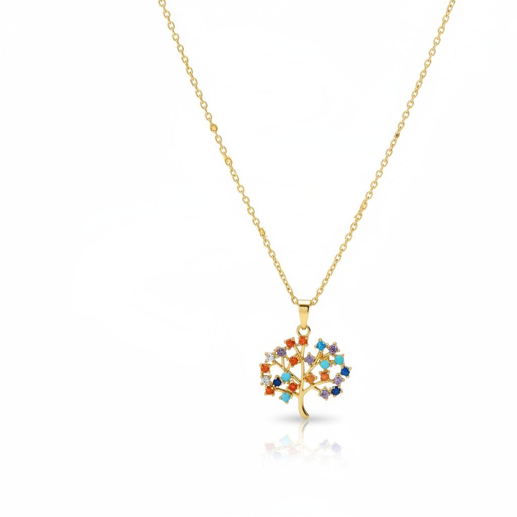 SVORA gold plated stainless steel necklace with a multicolor Tree of Life pendant featuring amber, blue, turquoise, and amethyst CZ stones.
