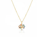 SVORA gold plated stainless steel necklace with a multicolor Tree of Life pendant featuring amber, blue, turquoise, and amethyst CZ stones.