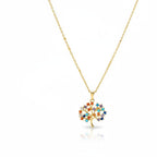 SVORA gold plated stainless steel necklace with a multicolor Tree of Life pendant featuring amber, blue, turquoise, and amethyst CZ stones.