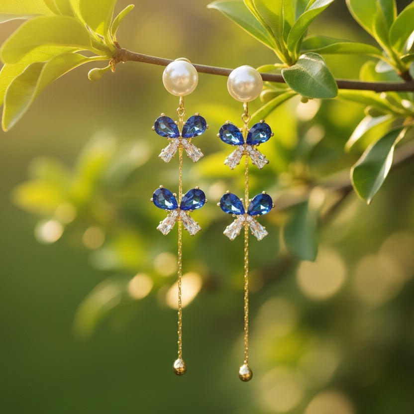 SVORA navy crystal pearl drop earrings with gold chain and cubic zirconia accents.
