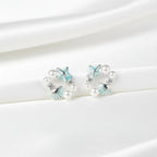 SVORA Ocean Cluster Pearl Stud Earrings with aqua starfish, shell, pearls, and crystals. Gold tone.