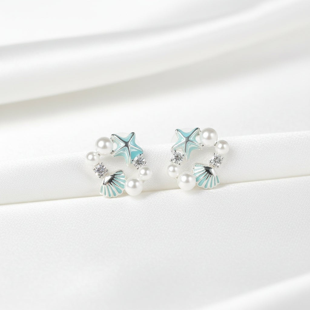 SVORA Ocean Cluster Pearl Stud Earrings with aqua starfish, shell, pearls, and crystals. Gold tone.