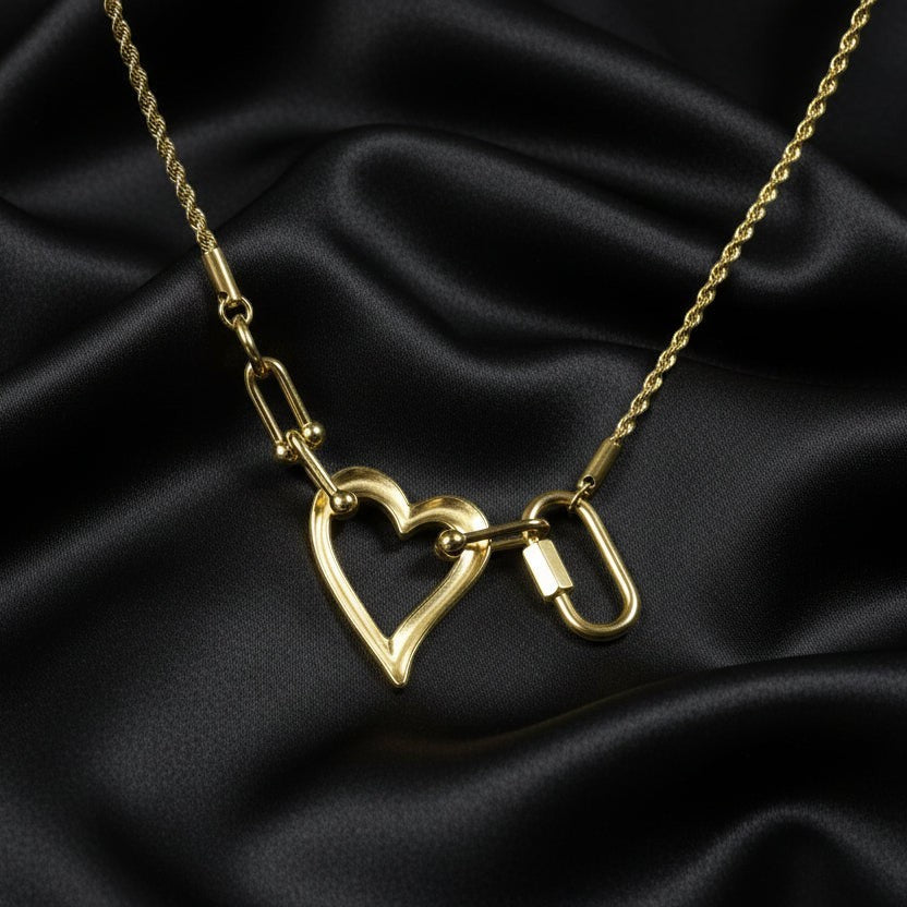 SVORA gold-tone stainless steel open heart rope statement necklace with toggle clasp. Waterproof and anti-tarnish.