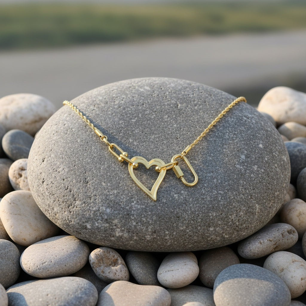 SVORA gold-tone stainless steel open heart rope statement necklace with toggle clasp. Waterproof and anti-tarnish.