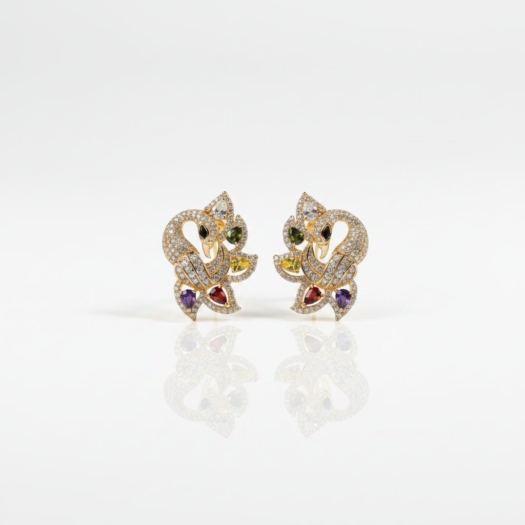 SVORA gold-tone peacock stud earrings with multicolour cubic zirconia stones.