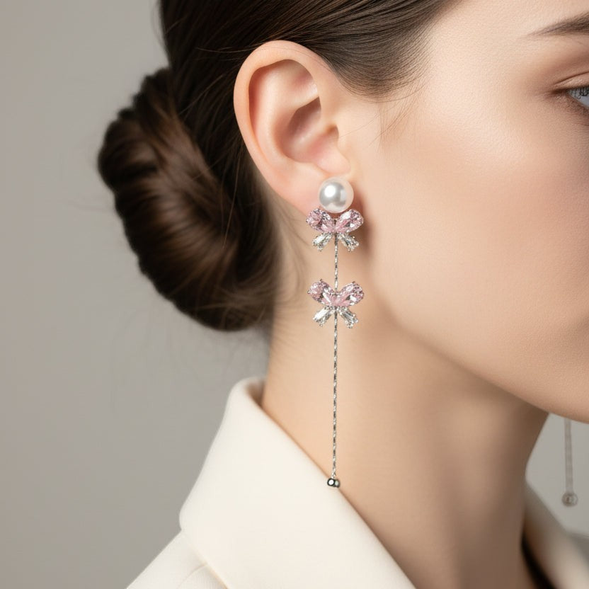 SVORA pearl stud rose drop dangler earrings with pink butterfly clusters and cubic zirconia.