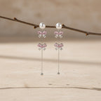 SVORA pearl stud rose drop dangler earrings with pink butterfly clusters and cubic zirconia, 18K gold tone.