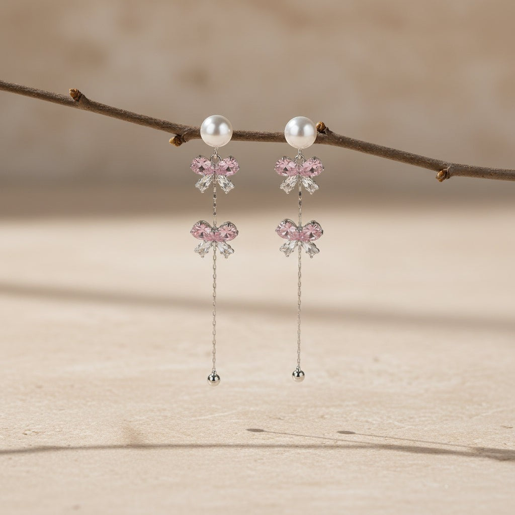 SVORA pearl stud rose drop dangler earrings with pink butterfly clusters and cubic zirconia, 18K gold tone.
