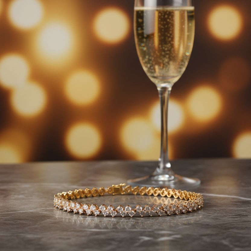 SVORA Petite Double Tennis Bracelet in gold-plated stainless steel with white CZ stones. Features two parallel rows of sparkle.