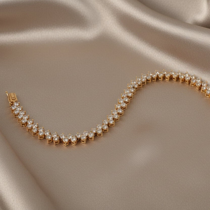SVORA Petite Double Tennis Bracelet with white CZ stones, 18K gold plated stainless steel, adjustable fold-over clasp.