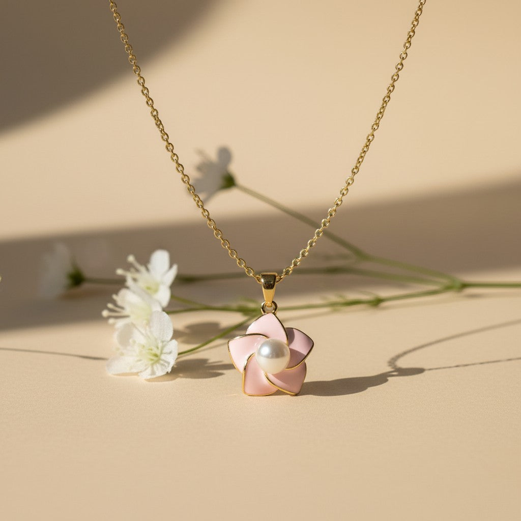 SVORA pink enamel pearl flower necklace with 18k gold-plated stainless steel chain.