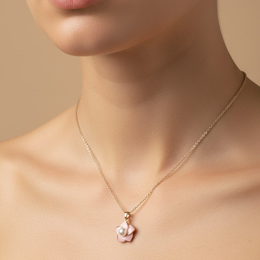 SVORA pink enamel pearl flower necklace with 18k gold-plated stainless steel chain.