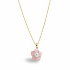 SVORA pink enamel pearl flower necklace with gold-plated stainless steel chain.