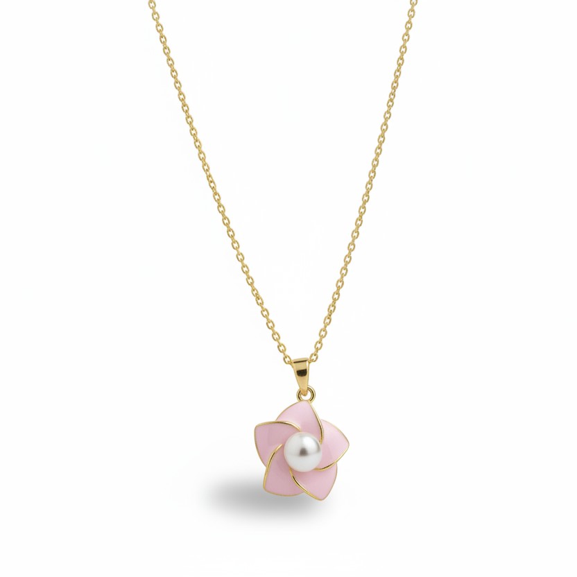 SVORA pink enamel pearl flower necklace with gold-plated stainless steel chain.