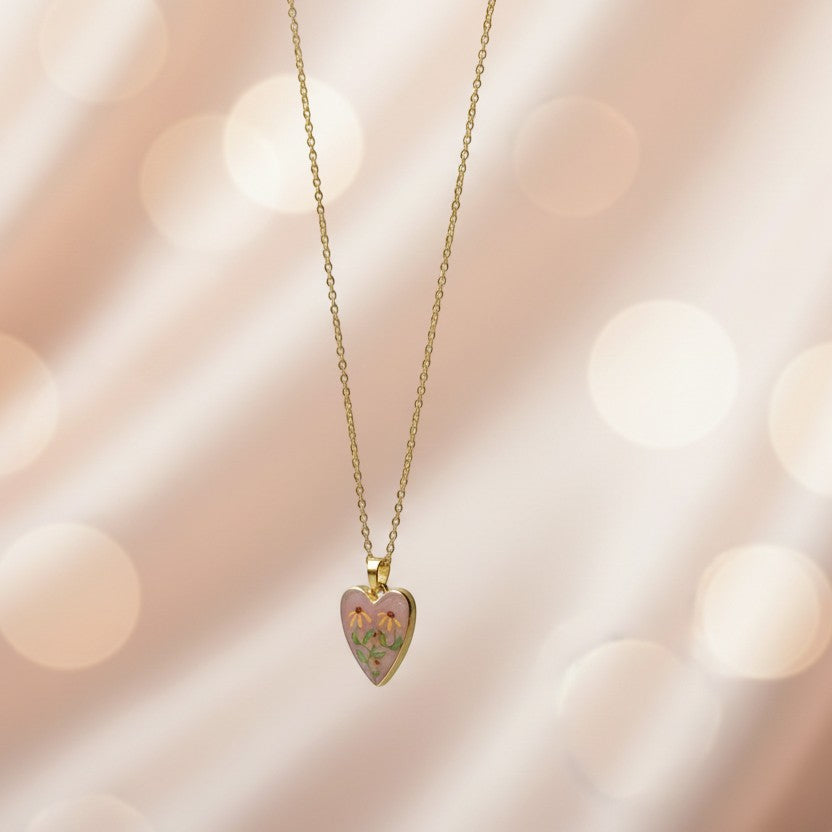 SVORA hand-painted style pink floral heart necklace on an 18k gold-plated stainless steel chain.