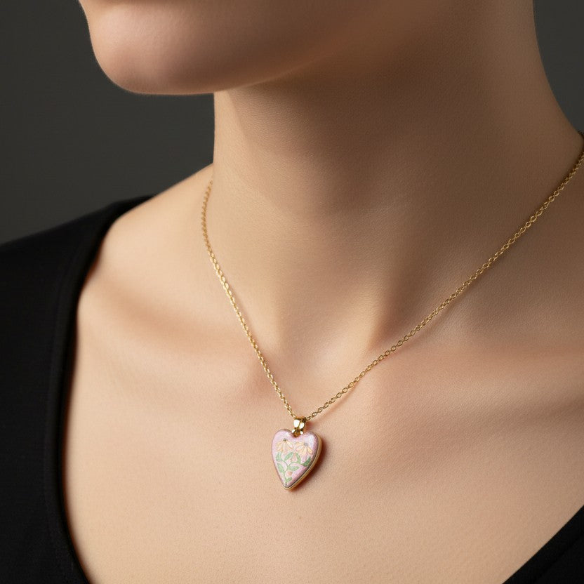 SVORA hand-painted style pink floral heart necklace on an 18k gold-plated stainless steel chain.