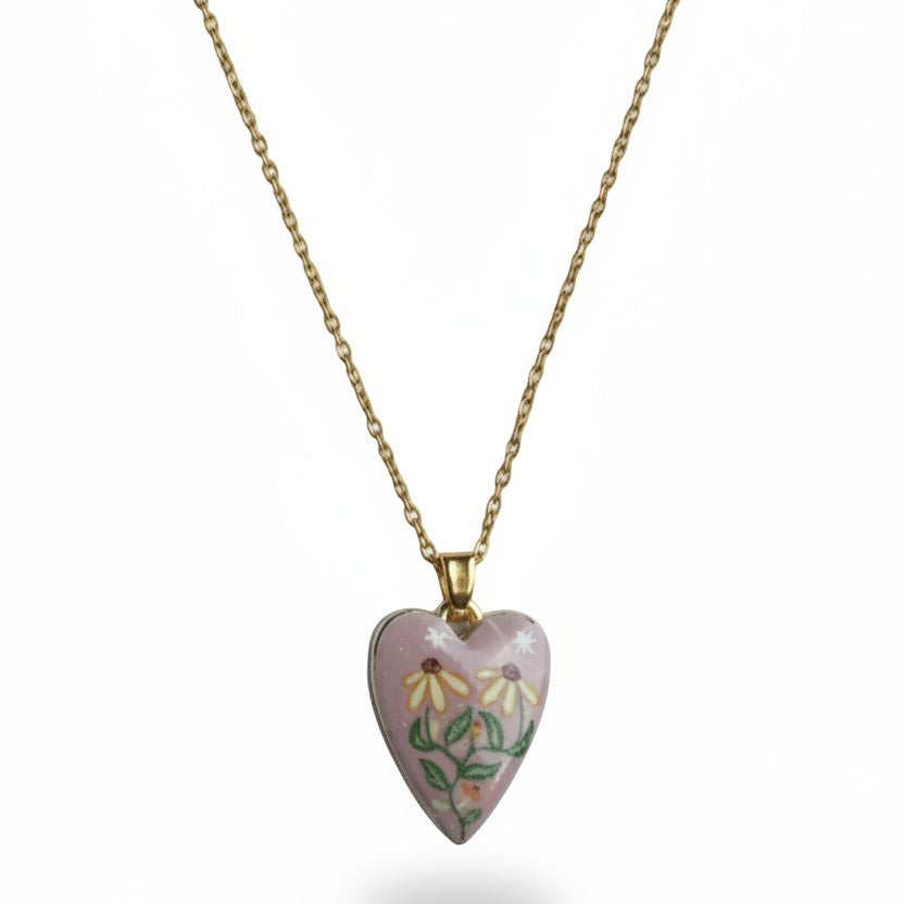 SVORA hand-painted pink floral heart necklace with 18k gold-plated stainless steel chain.