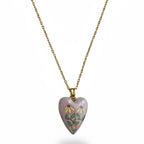 SVORA hand-painted pink floral heart necklace with 18k gold-plated stainless steel chain.