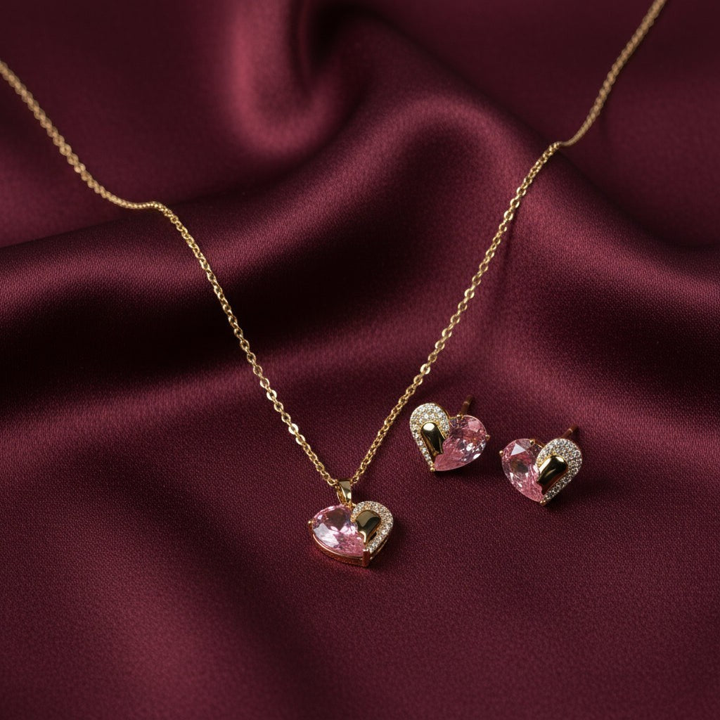 SVORA Duo Pink Heart Necklace Earrings Set with gold tone, pink crystal, and cubic zirconia.
