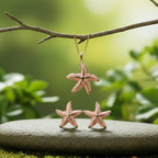 SVORA pink enamel starfish necklace and earrings set with gold-tone accents, perfect for beachwear.