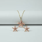 SVORA pink enamel starfish necklace and matching earrings with gold trim, stainless steel, 18K gold tone plating.