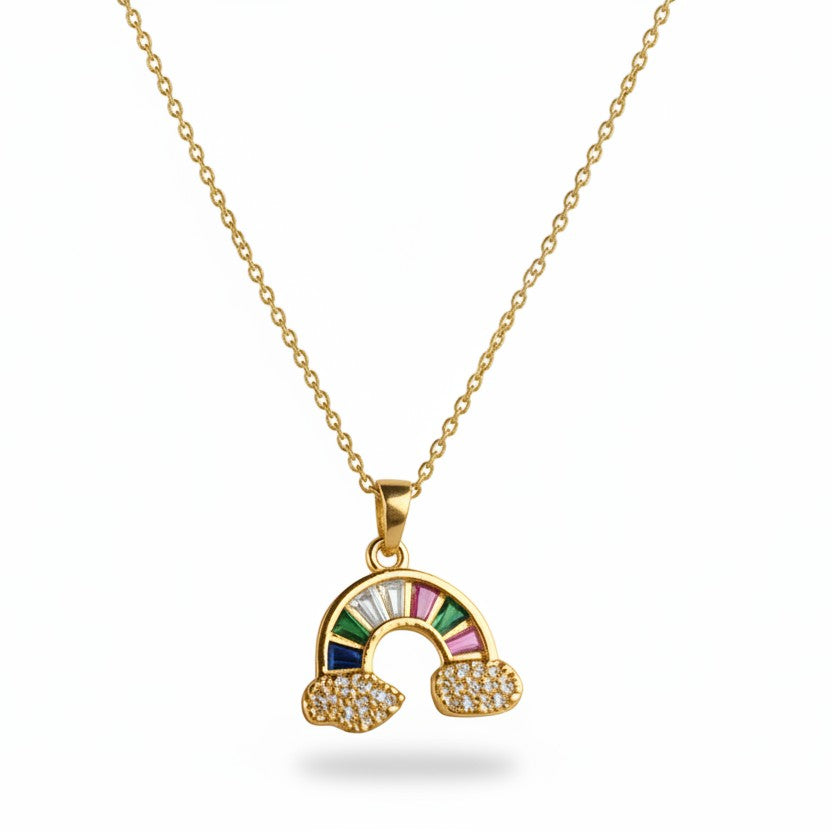 SVORA gold plated stainless steel necklace with a rainbow pendant adorned with colorful stones and sparkling clouds.