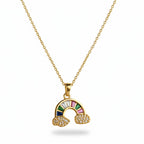 SVORA gold plated stainless steel necklace with a rainbow pendant adorned with colorful stones and sparkling clouds.