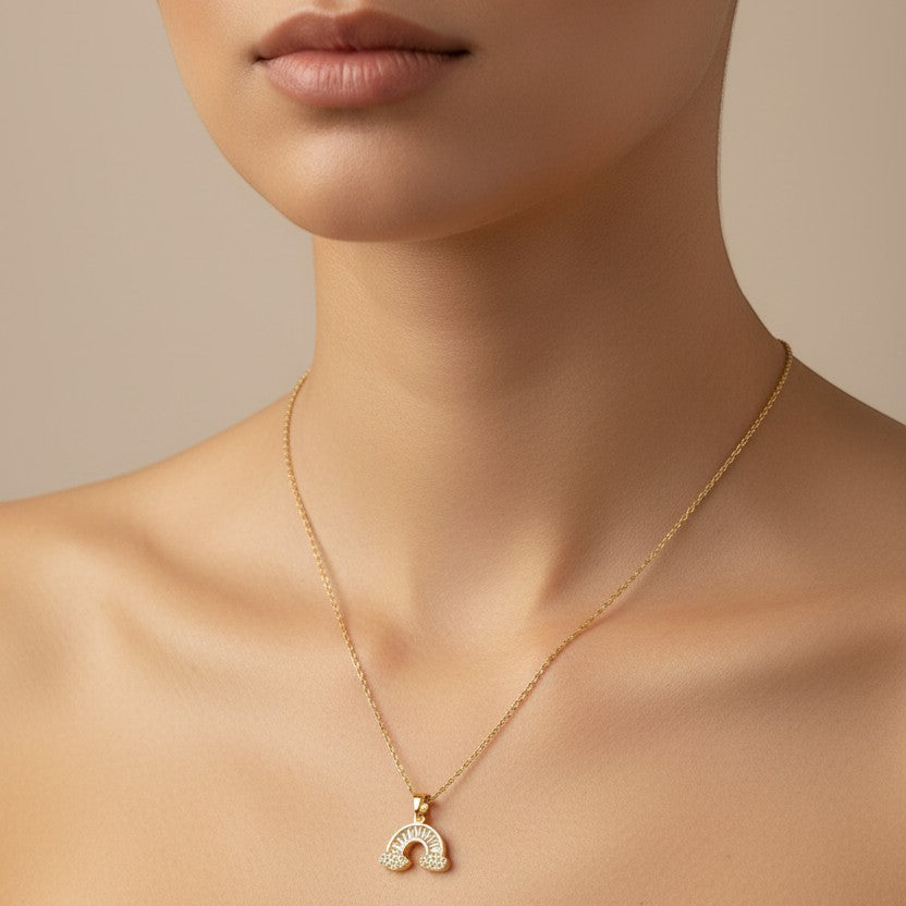 SVORA gold plated stainless steel rainbow necklace with white stones. Waterproof and anti-tarnish.