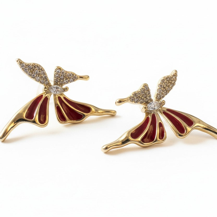 SVORA red butterfly stud earrings with gold plating, cubic zirconia, and marquise-cut crystal.