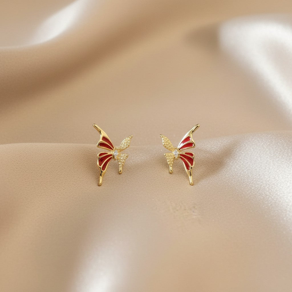 SVORA red butterfly stud earrings with cubic zirconia and marquise-cut crystal, 18k gold plated stainless steel.