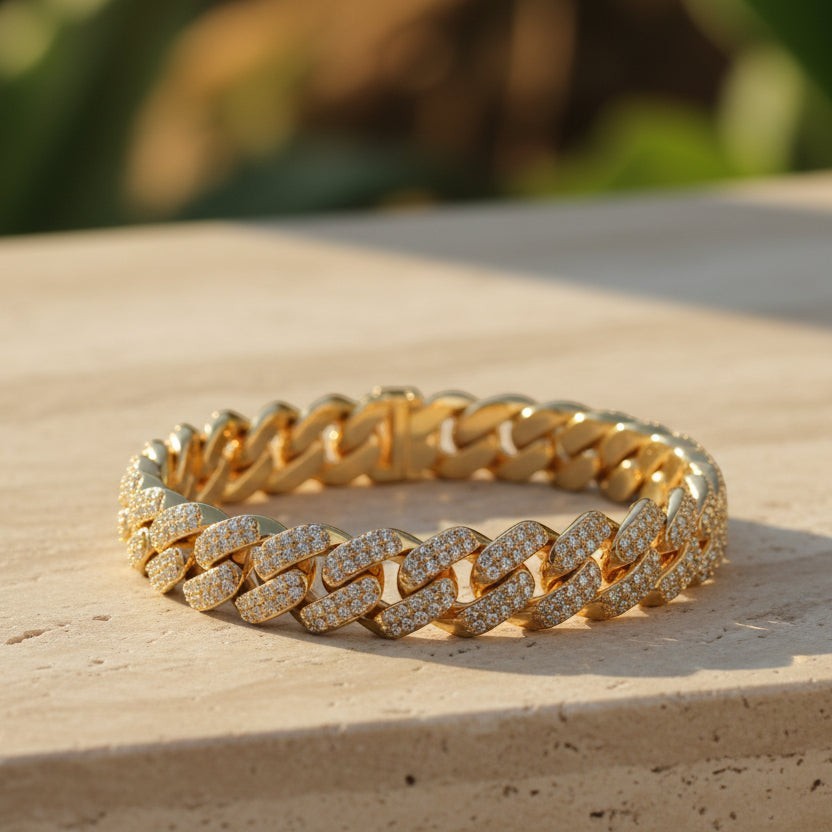 SVORA rose gold Cuban link statement bracelet with pavé white CZ stones and a secure box clasp.