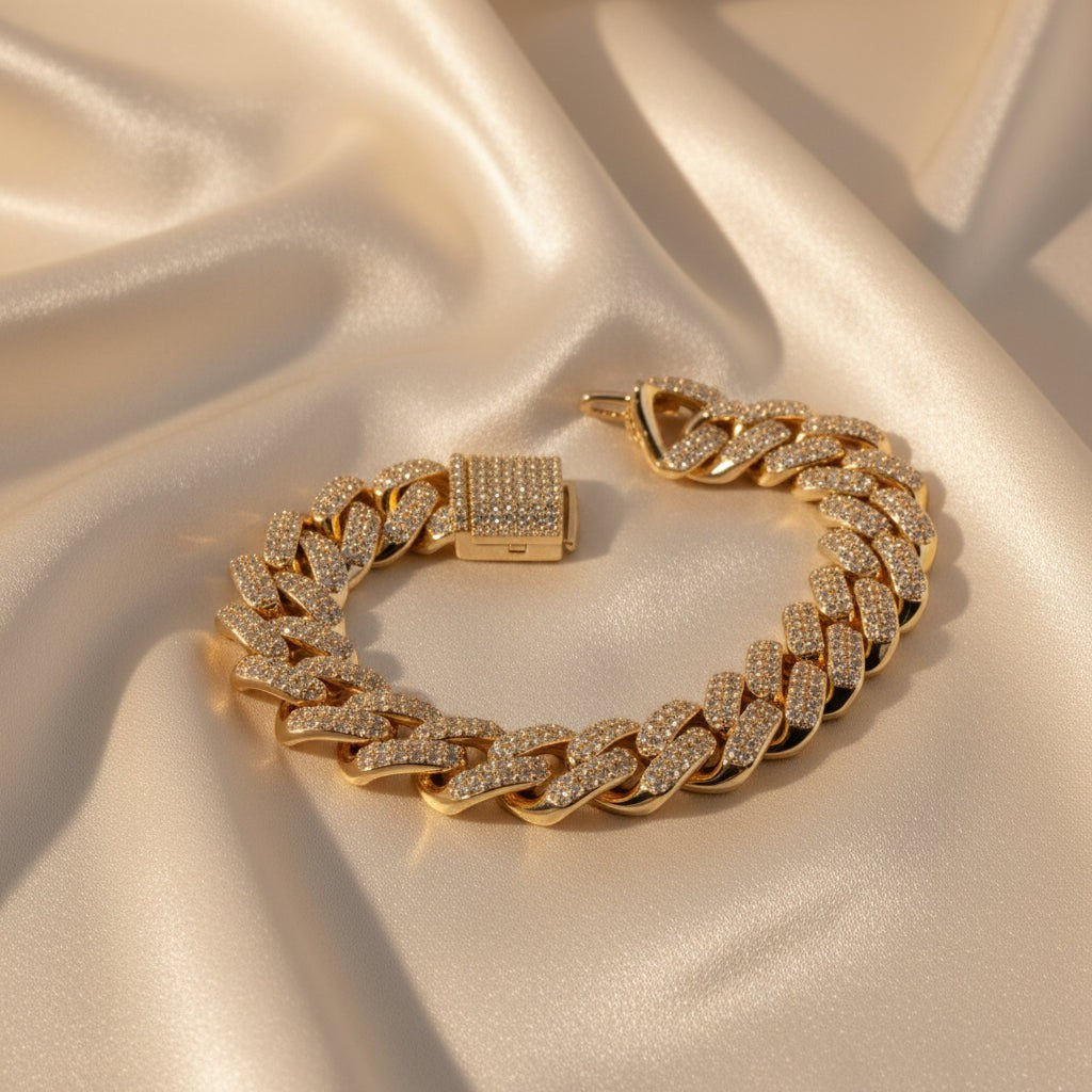 SVORA rose gold plated Cuban link statement bracelet with white CZ stones and a secure box clasp.