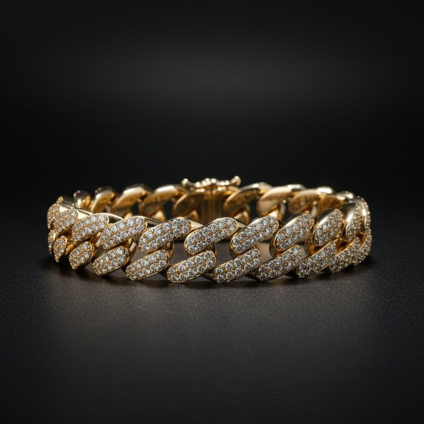 SVORA rose gold plated Cuban link bracelet with white CZ stones and a secure box clasp.