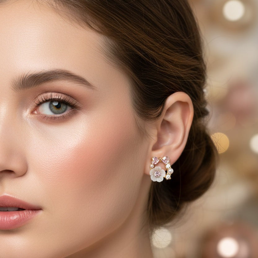 SVORA rose pearl bow stud earrings with pink crystal heart, mother-of-pearl floret, and pavé bow detail.