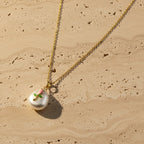 SVORA pink rose pendant necklace with pearl and gold chain. 18K gold plated, stainless steel.