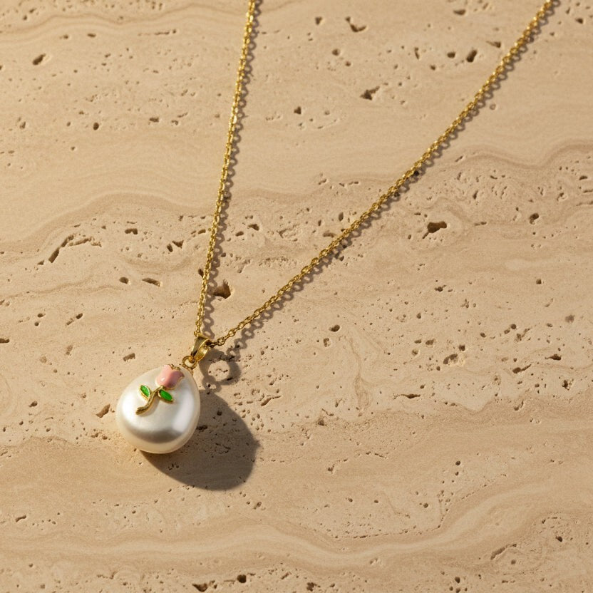SVORA pink rose pendant necklace with pearl and gold chain. 18K gold plated, stainless steel.