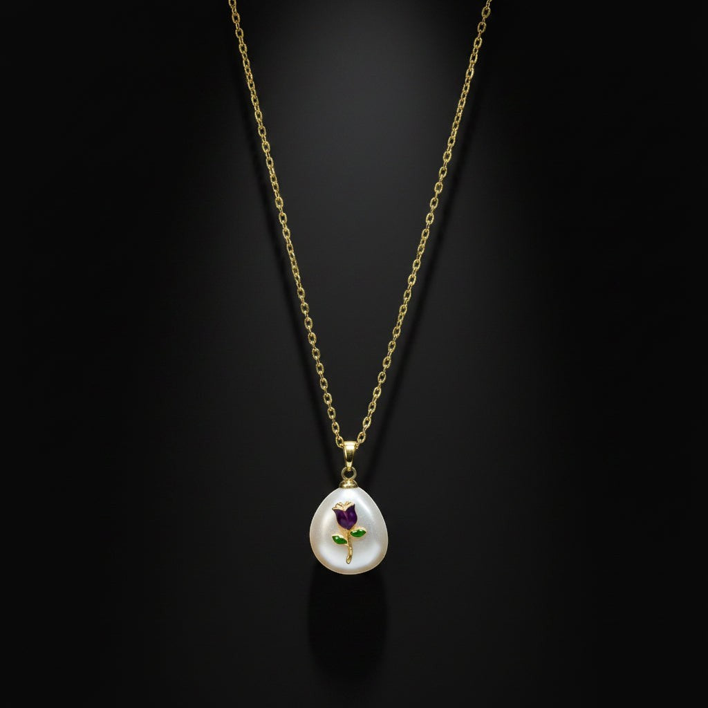 SVORA amethyst-purple enamel rose pendant with gold stem on a teardrop mother-of-pearl inlay, gold chain.