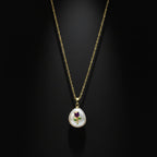 SVORA amethyst-purple enamel rose pendant with gold stem on a teardrop mother-of-pearl inlay, gold chain.