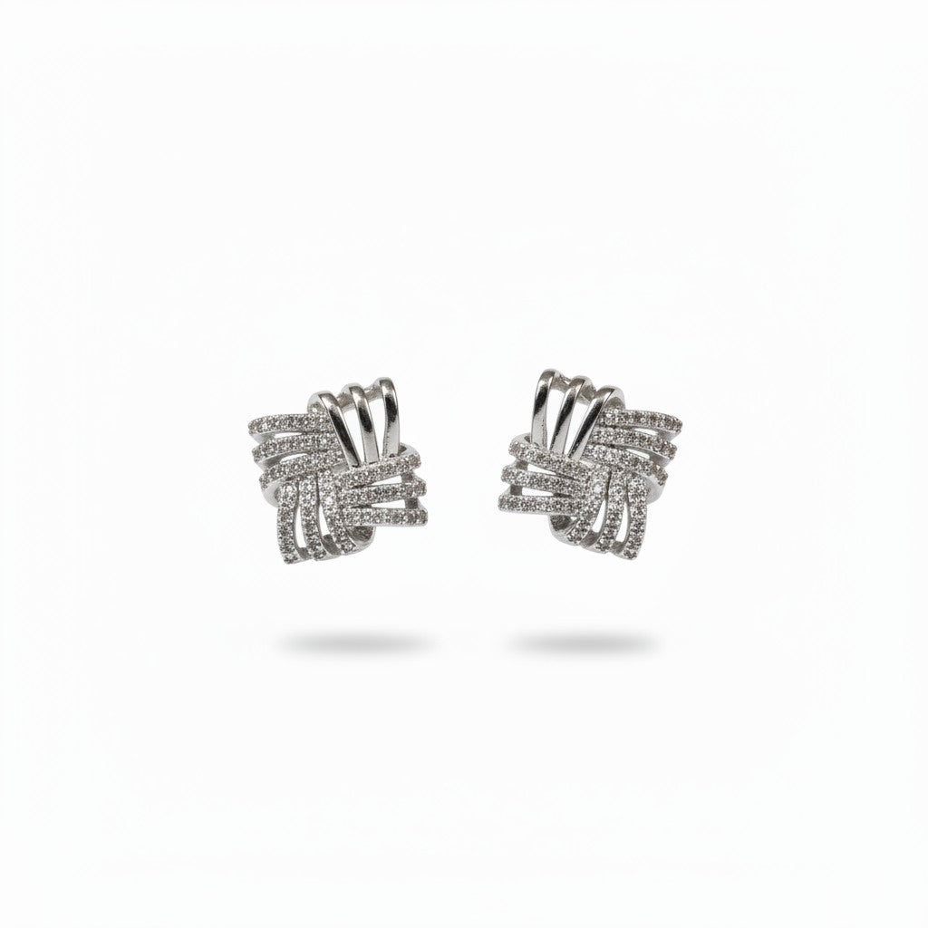 SVORA silver stainless steel stud earrings with interlocking square design and cubic zirconia stones