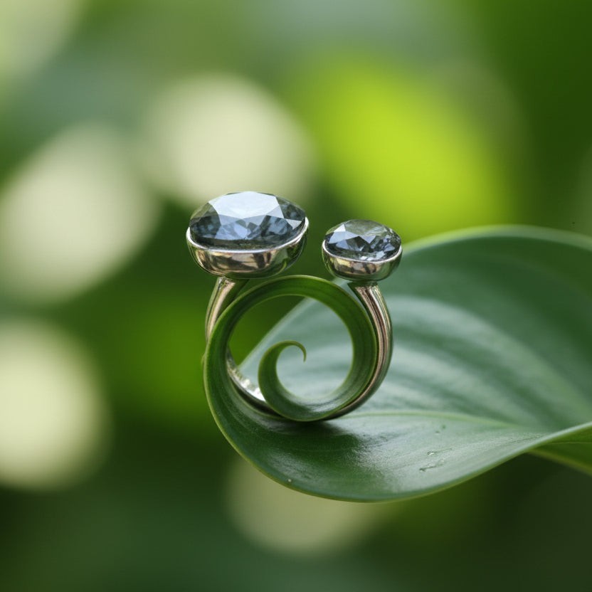 SVORA Toi et Moi ring with two smoky grey cushion topaz stones on a silver band, adjustable.