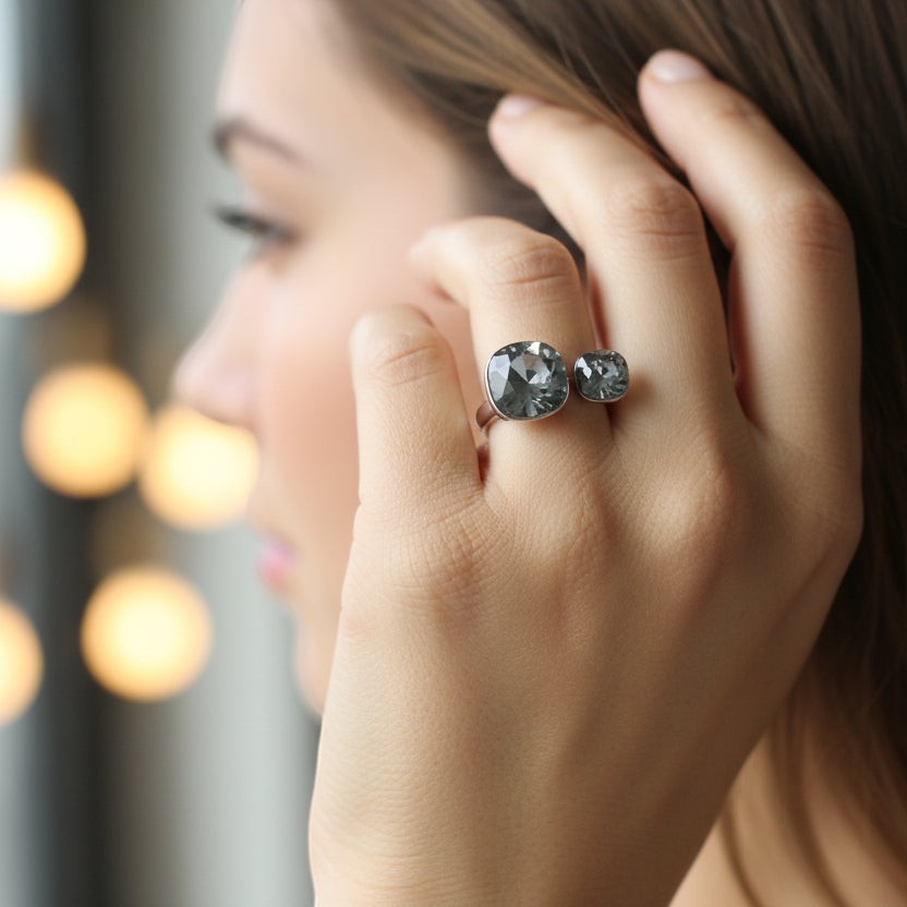 SVORA Toi et Moi ring with two cushion-cut smoky topaz stones on a silver band. Adjustable.