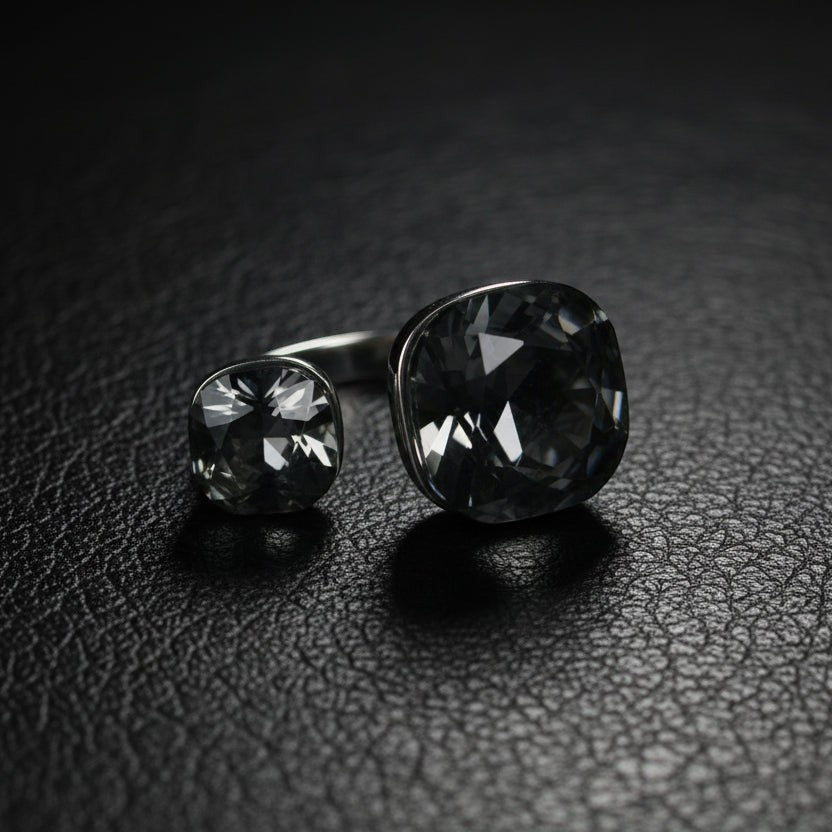 SVORA Toi et Moi ring with two cushion-cut smoky topaz stones on a silver-tone stainless steel band.