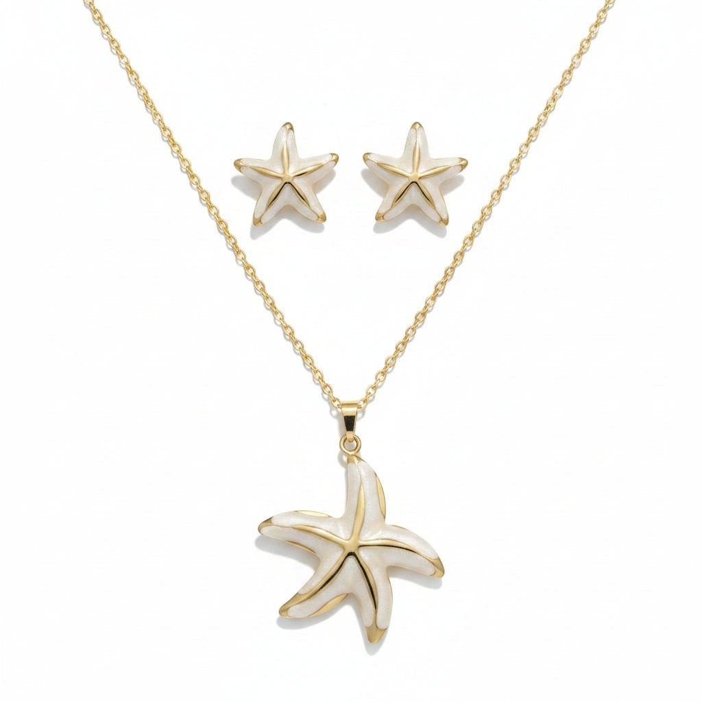 SVORA white enamel starfish necklace and earrings set with gold edges. Coastal jewelry.