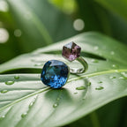 SVORA Toi et Moi Velvet Tanzanite Ring with blue cushion and purple cube stones on silver band.
