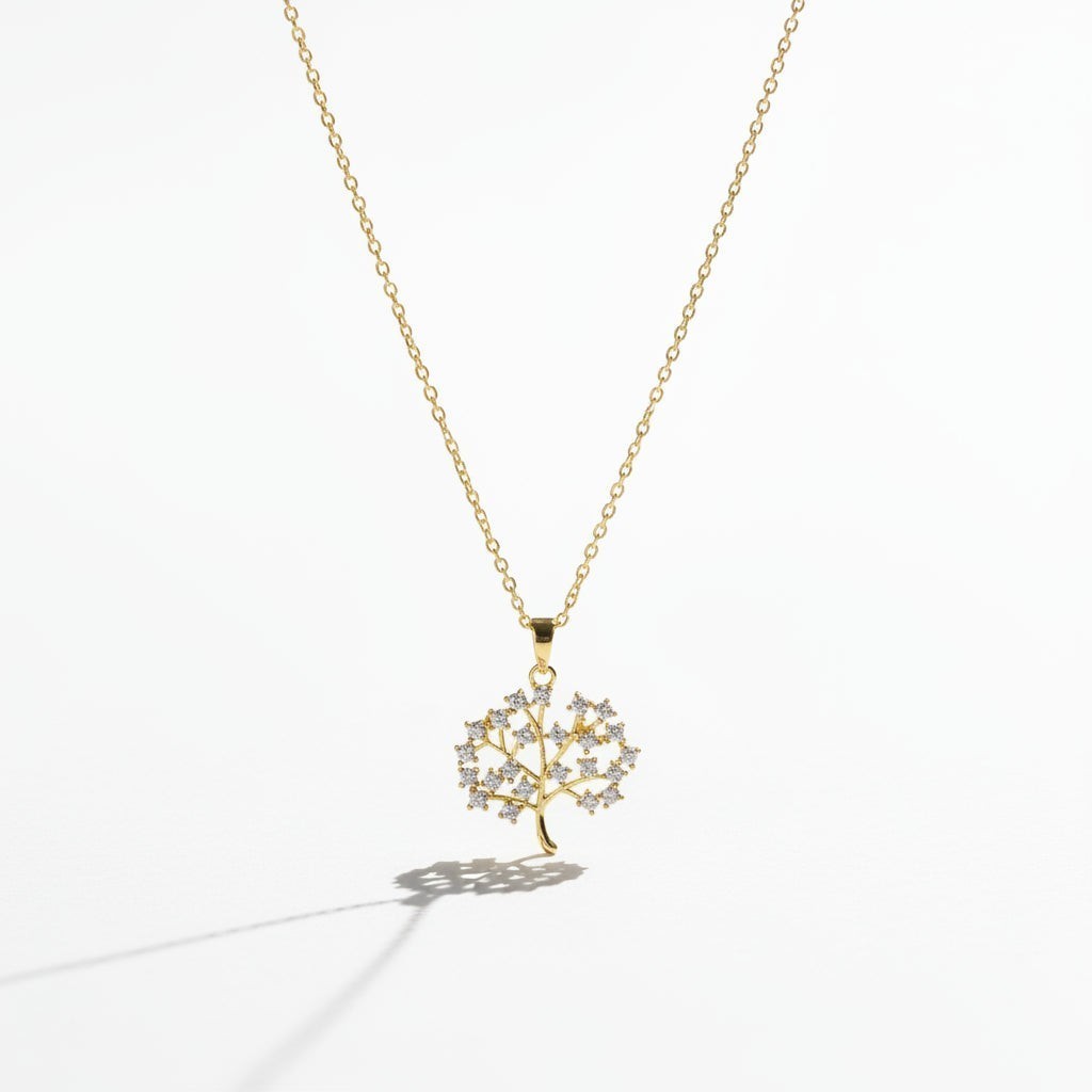 SVORA gold Tree of Life necklace with white CZ stones, 18K gold plated stainless steel, waterproof and anti-tarnish.