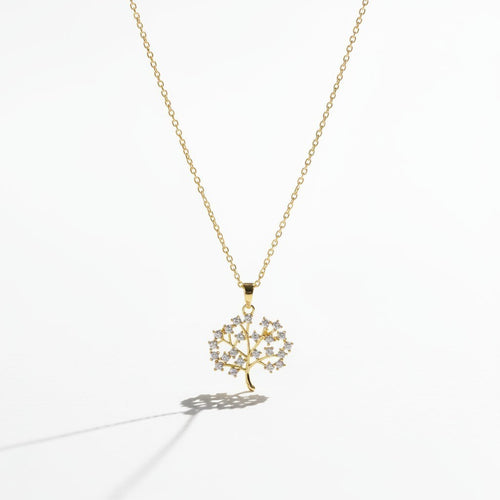 SVORA gold Tree of Life necklace with white CZ stones, 18K gold plated stainless steel, waterproof and anti-tarnish.